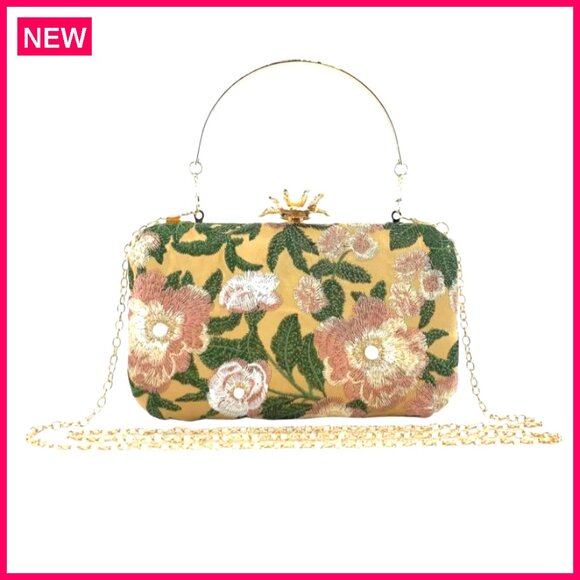 Handbags - Vintage Embroidered Clutch Evening Bag Pearl Chain Shoulder Purse Wedding Guest
